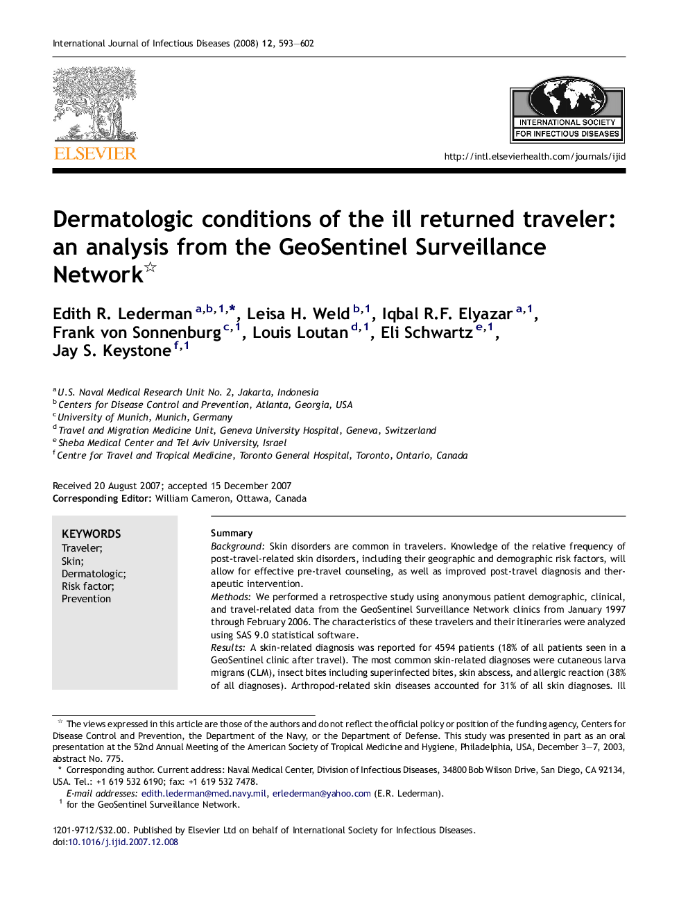 Dermatologic conditions of the ill returned traveler: an analysis from the GeoSentinel Surveillance Network 