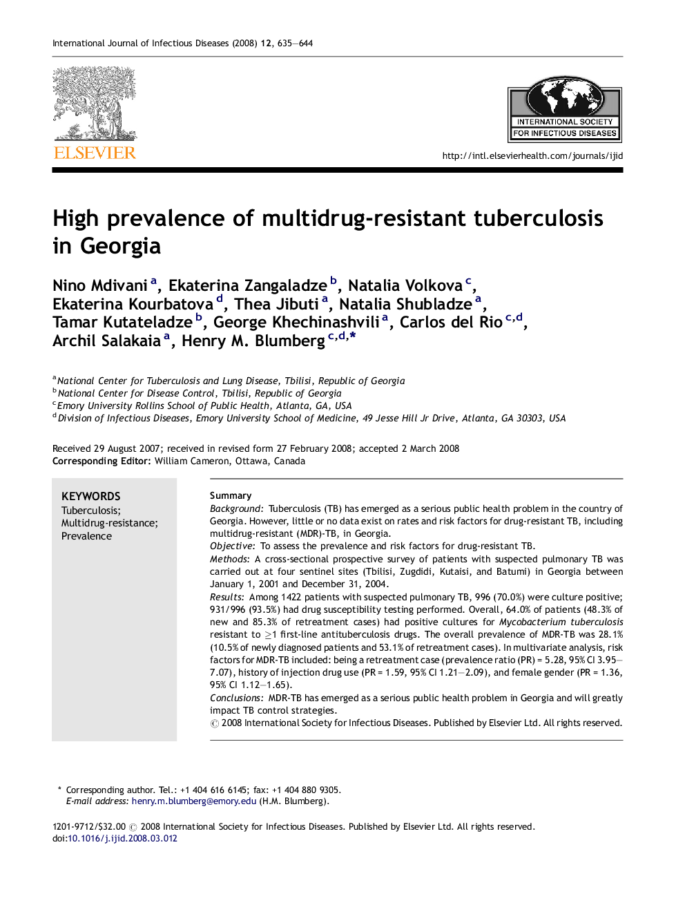 High prevalence of multidrug-resistant tuberculosis in Georgia