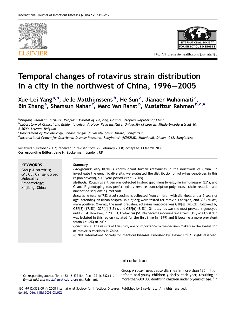 Temporal changes of rotavirus strain distribution in a city in the northwest of China, 1996–2005