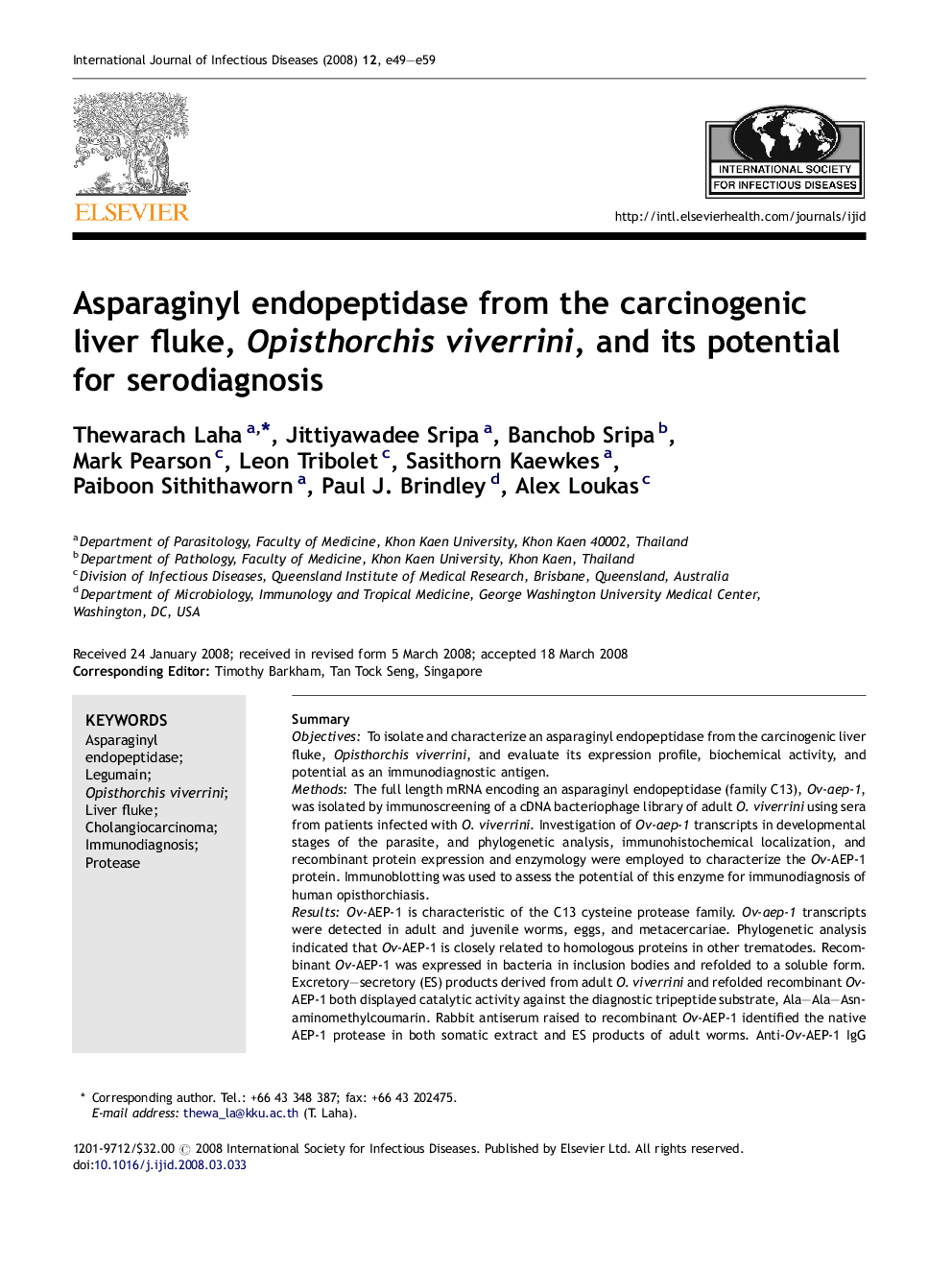 Asparaginyl endopeptidase from the carcinogenic liver fluke, Opisthorchis viverrini, and its potential for serodiagnosis