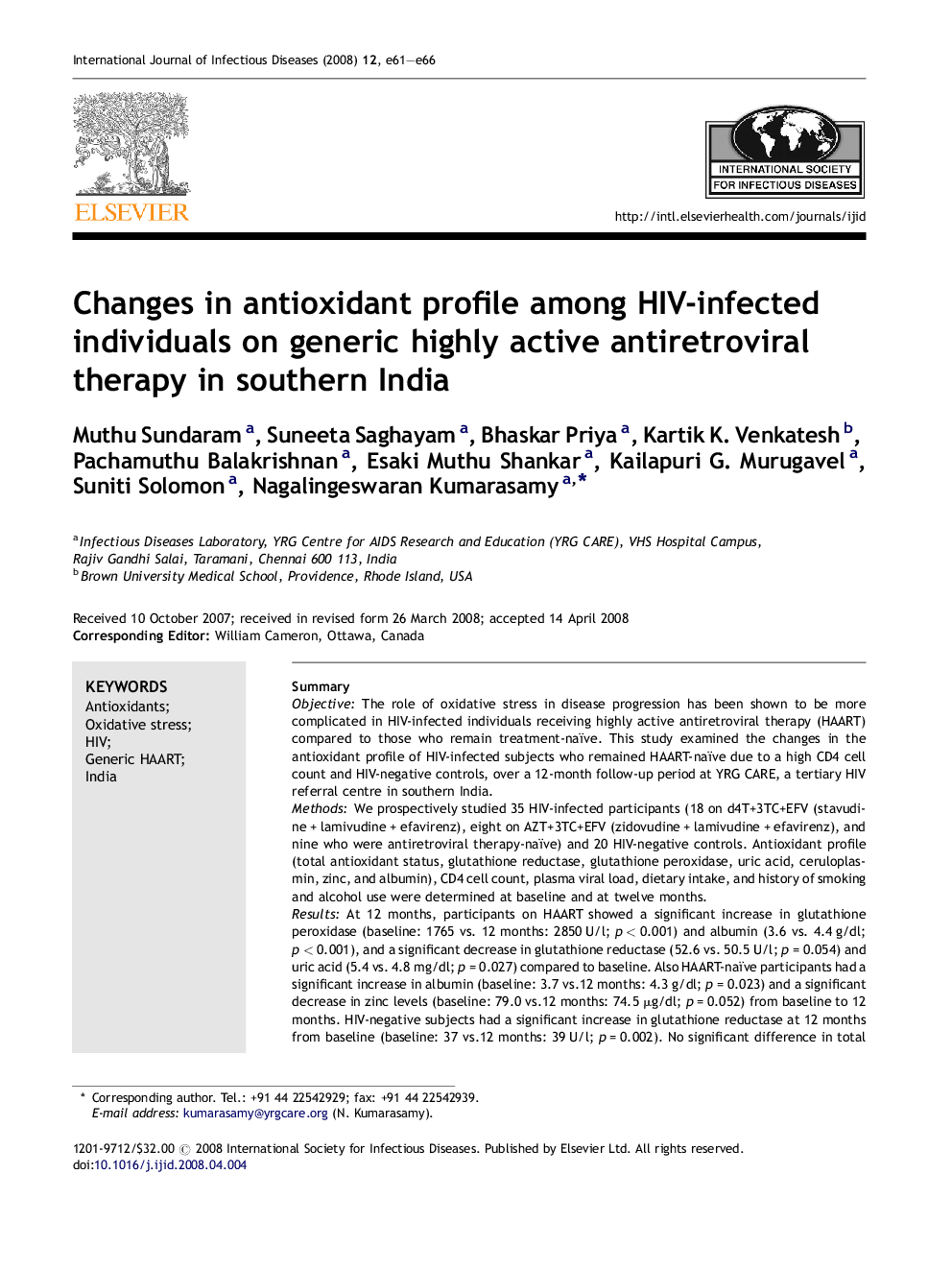 Changes in antioxidant profile among HIV-infected individuals on generic highly active antiretroviral therapy in southern India