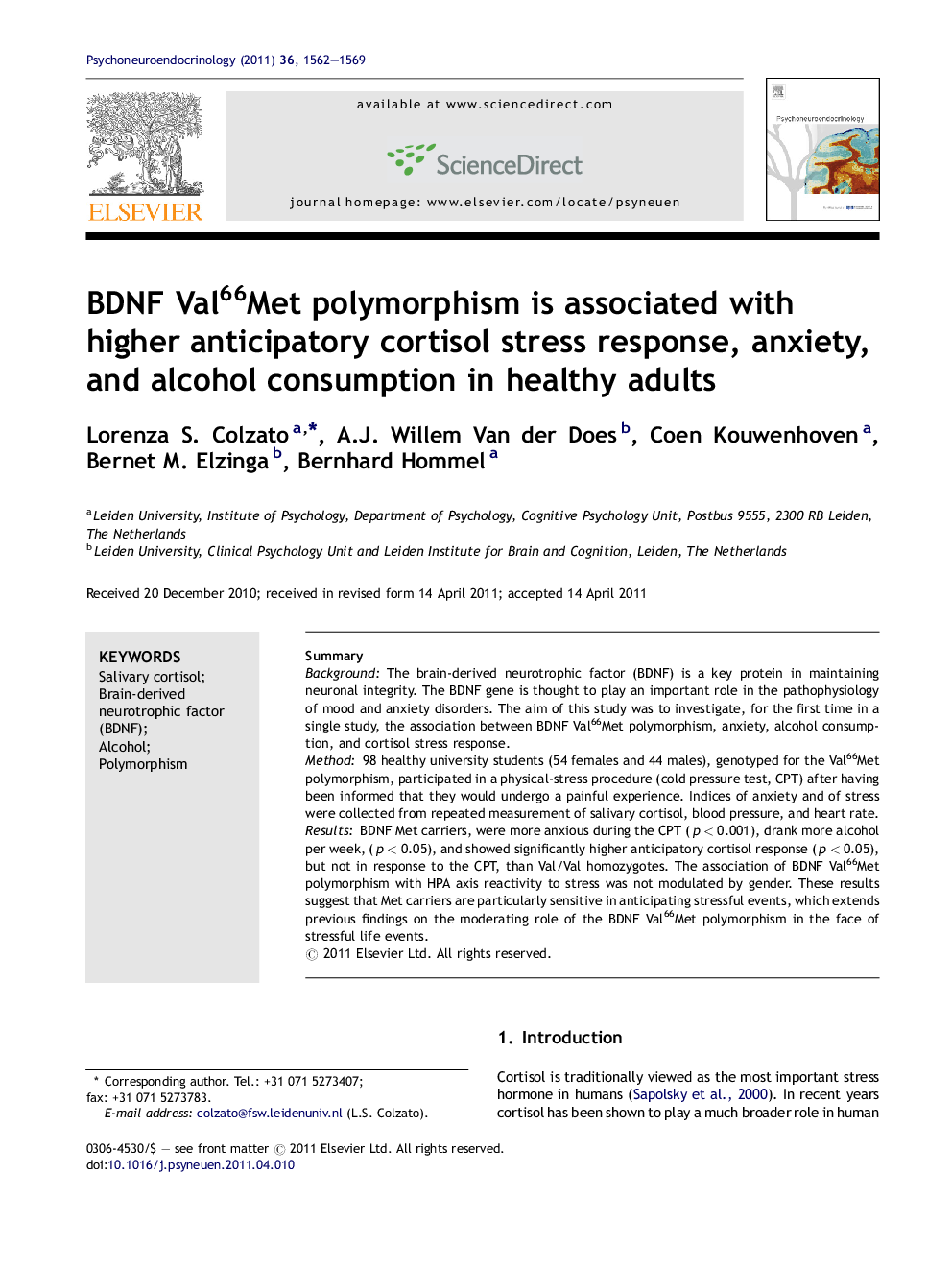 BDNF Val66Met polymorphism is associated with higher anticipatory cortisol stress response, anxiety, and alcohol consumption in healthy adults