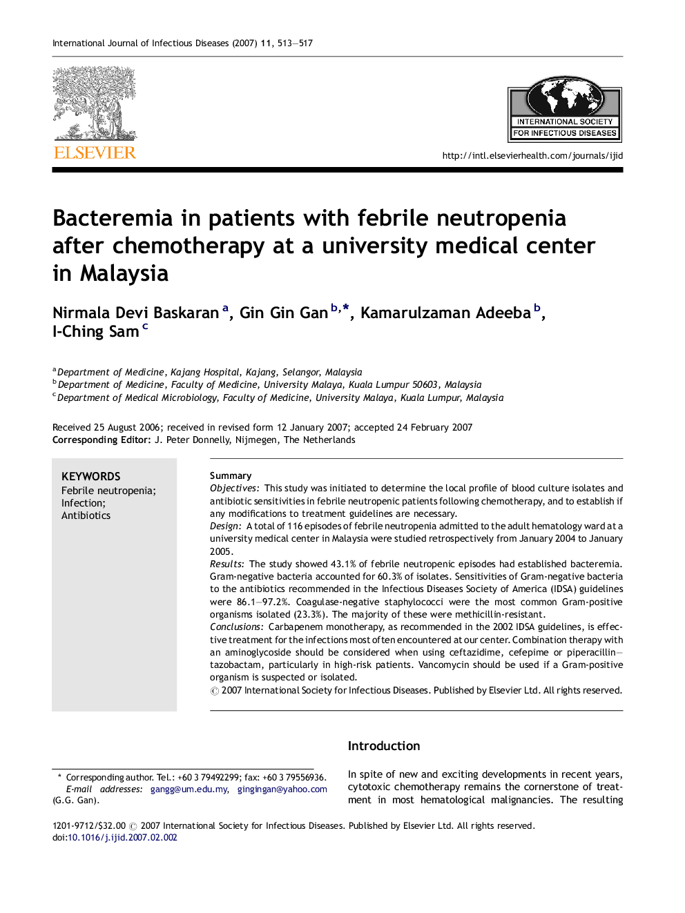 Bacteremia in patients with febrile neutropenia after chemotherapy at a university medical center in Malaysia