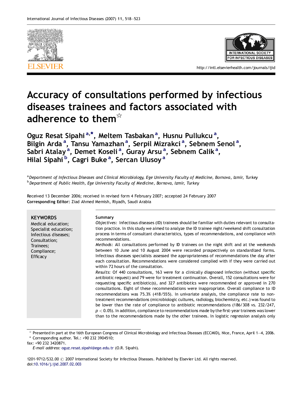 Accuracy of consultations performed by infectious diseases trainees and factors associated with adherence to them 