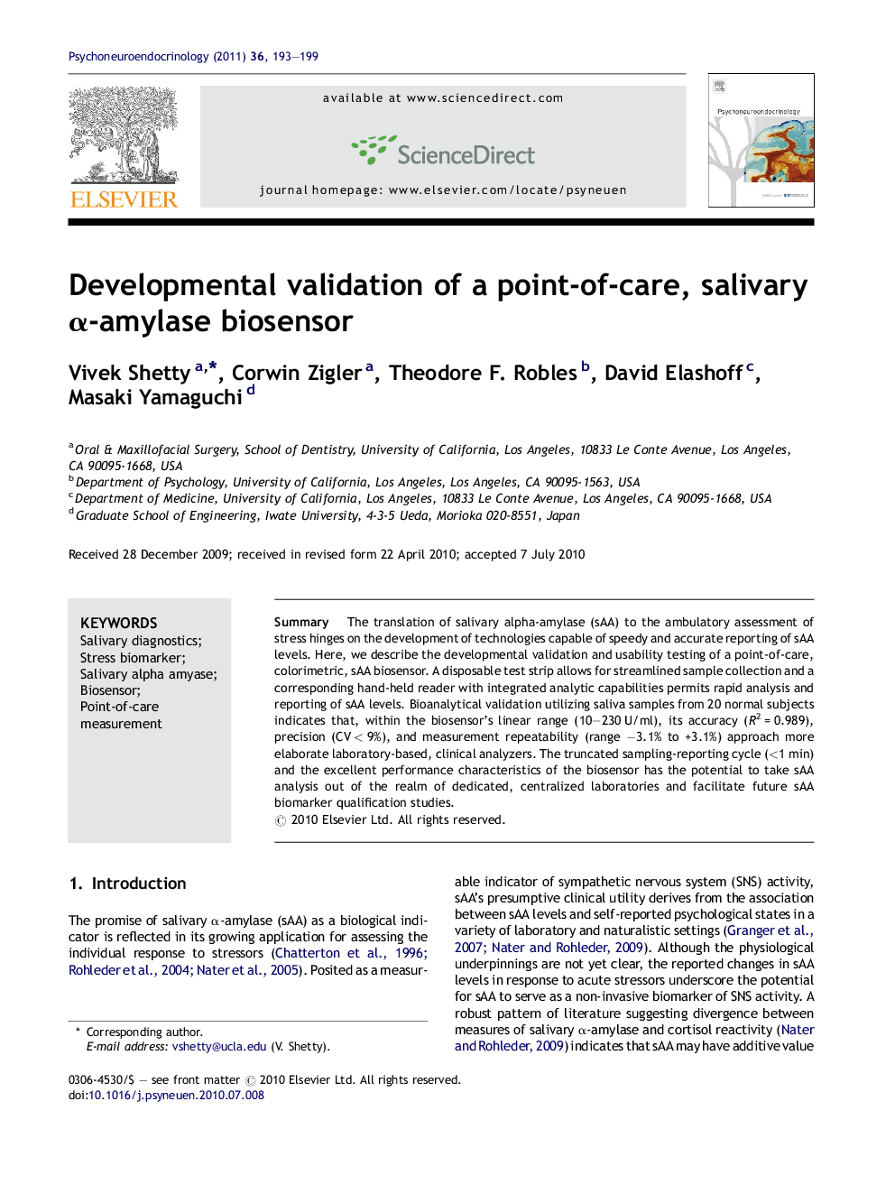 Developmental validation of a point-of-care, salivary α-amylase biosensor