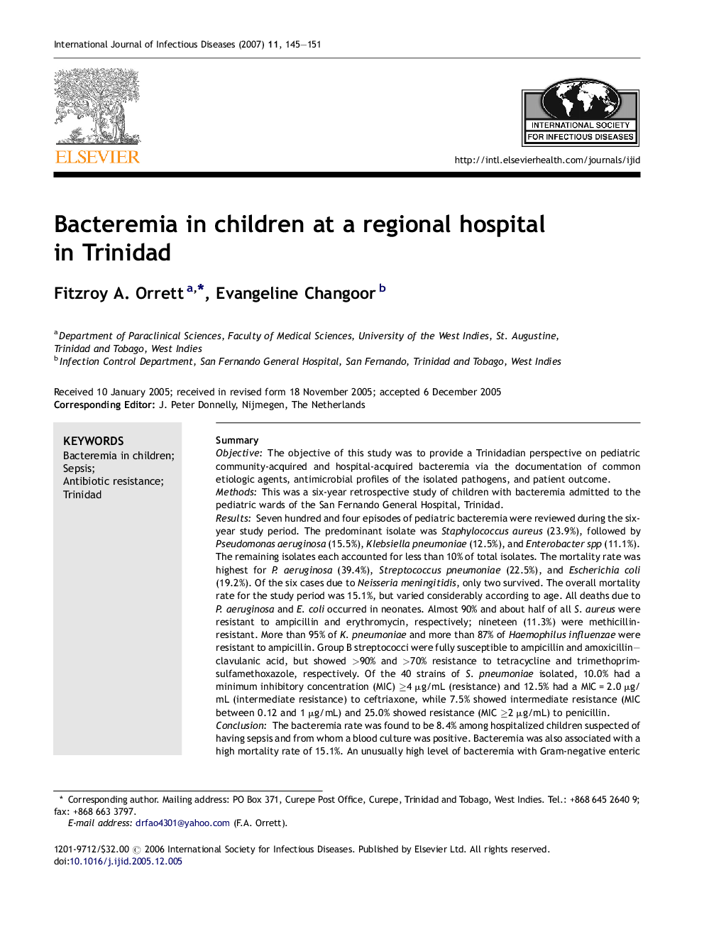 Bacteremia in children at a regional hospital in Trinidad