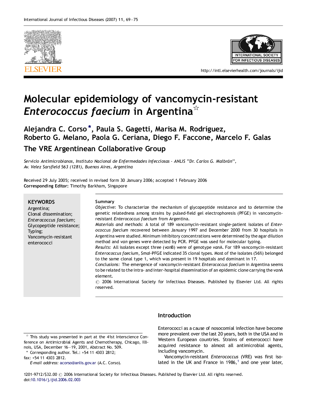 Molecular epidemiology of vancomycin-resistant Enterococcus faecium in Argentina 