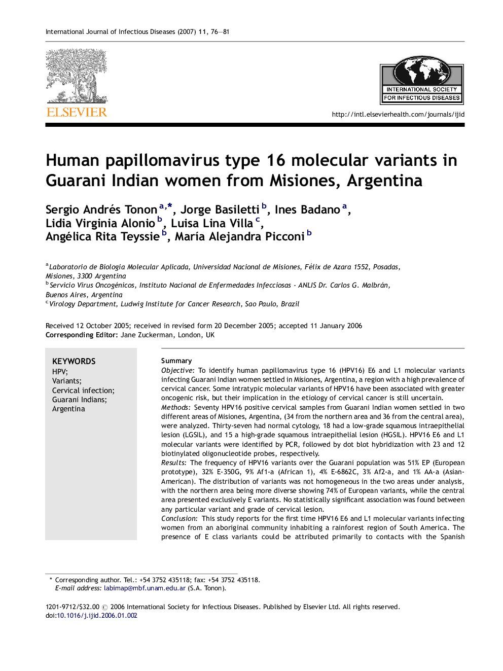 Human papillomavirus type 16 molecular variants in Guarani Indian women from Misiones, Argentina