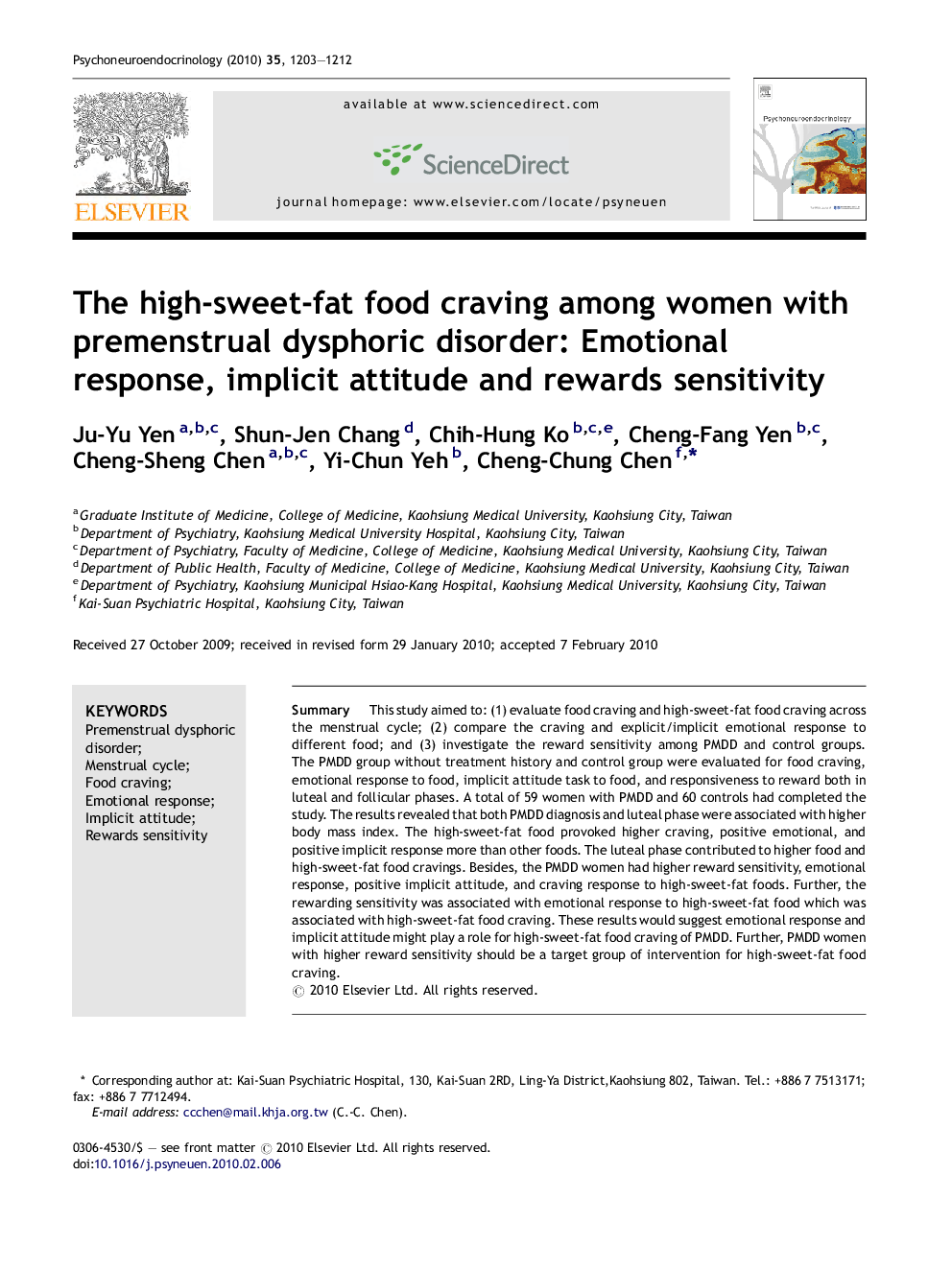 The high-sweet-fat food craving among women with premenstrual dysphoric disorder: Emotional response, implicit attitude and rewards sensitivity