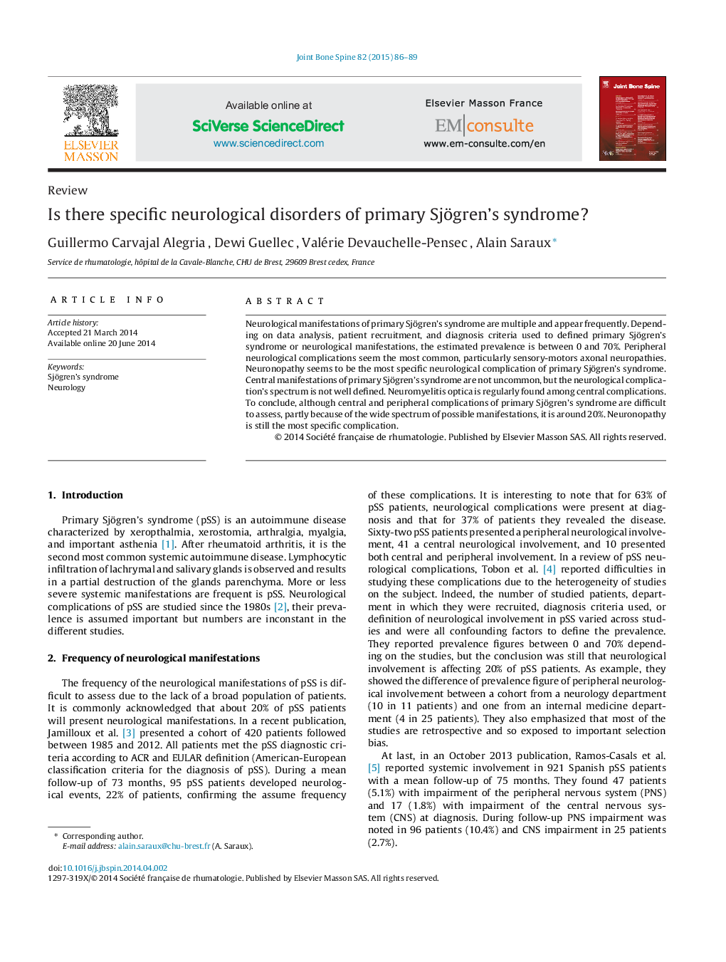 Is there specific neurological disorders of primary Sjögren's syndrome?