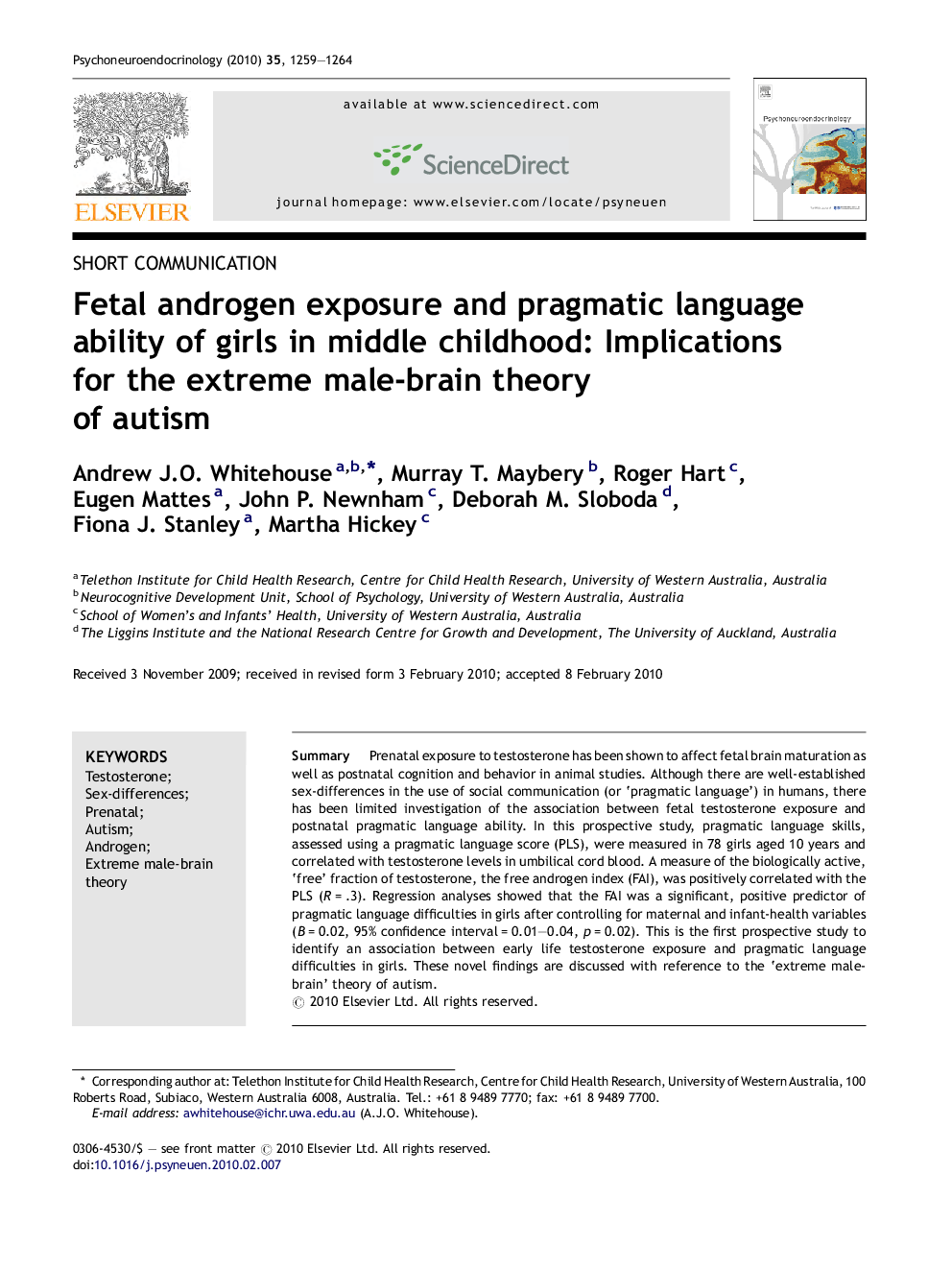 Fetal androgen exposure and pragmatic language ability of girls in middle childhood: Implications for the extreme male-brain theory of autism