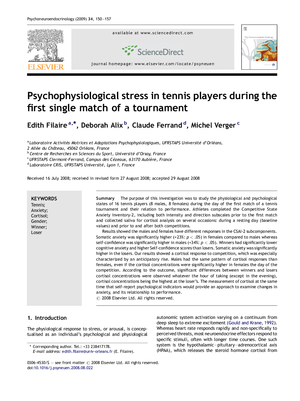 Psychophysiological stress in tennis players during the first single match of a tournament