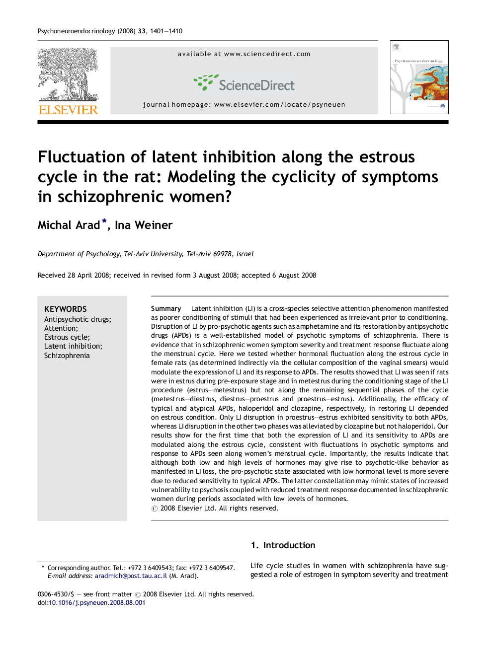 Fluctuation of latent inhibition along the estrous cycle in the rat: Modeling the cyclicity of symptoms in schizophrenic women?