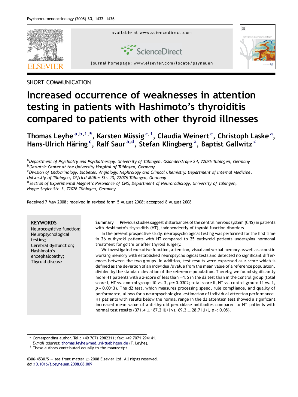 Increased occurrence of weaknesses in attention testing in patients with Hashimoto’s thyroiditis compared to patients with other thyroid illnesses