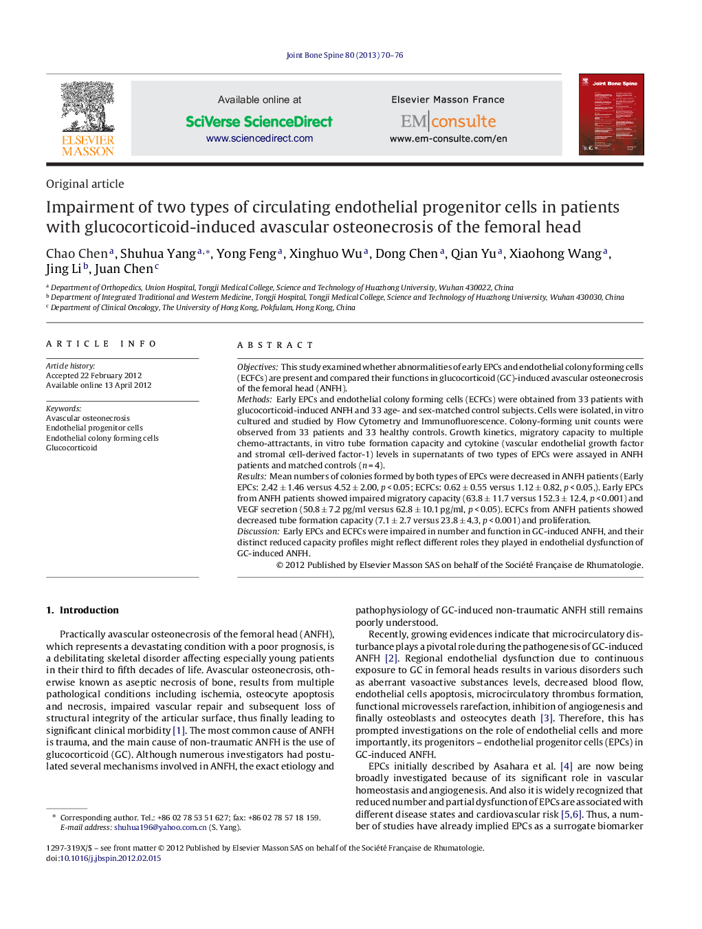 Impairment of two types of circulating endothelial progenitor cells in patients with glucocorticoid-induced avascular osteonecrosis of the femoral head