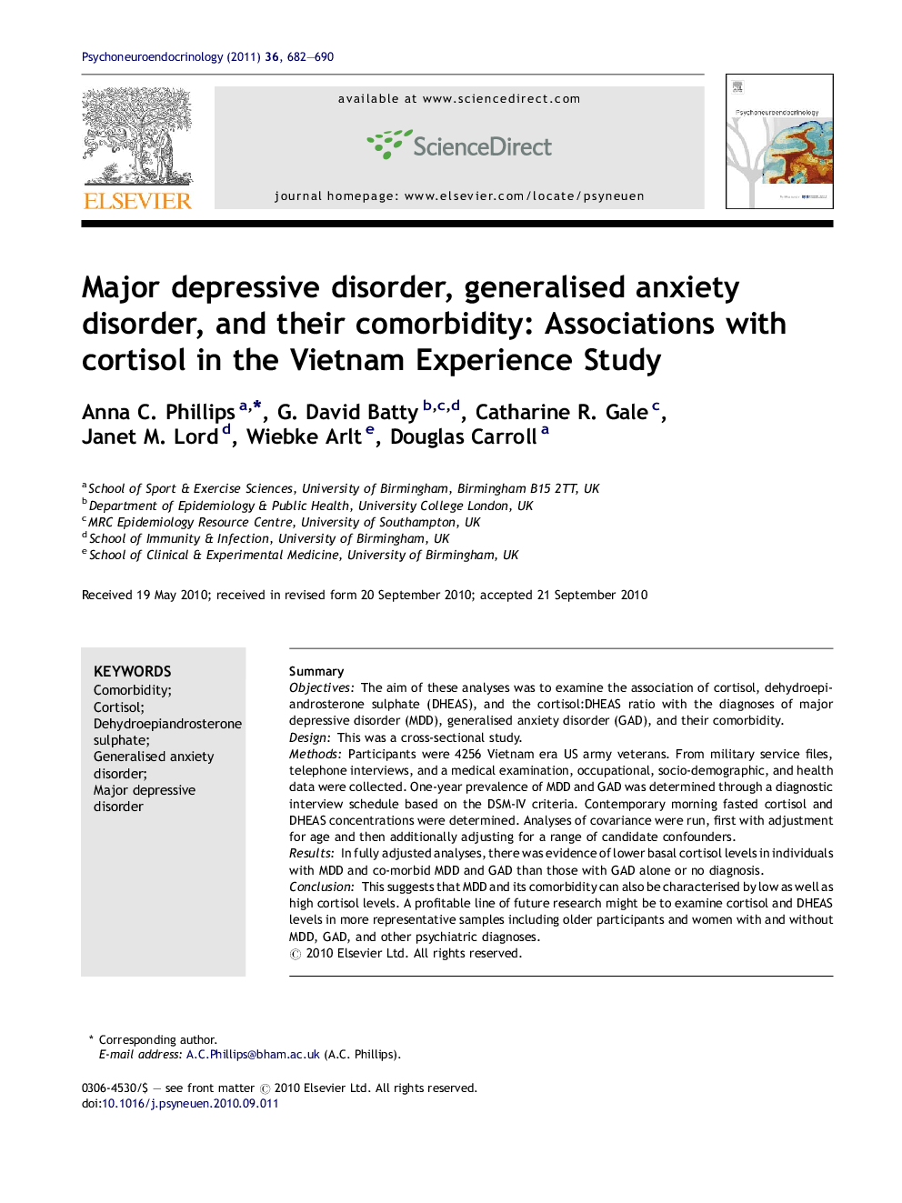 Major depressive disorder, generalised anxiety disorder, and their comorbidity: Associations with cortisol in the Vietnam Experience Study