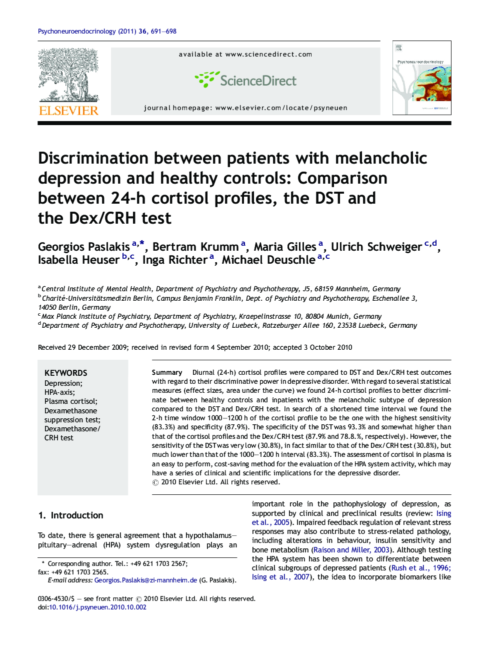 Discrimination between patients with melancholic depression and healthy controls: Comparison between 24-h cortisol profiles, the DST and the Dex/CRH test