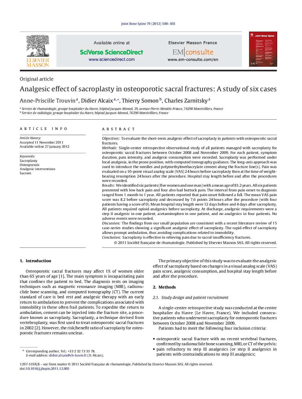 Analgesic effect of sacroplasty in osteoporotic sacral fractures: A study of six cases