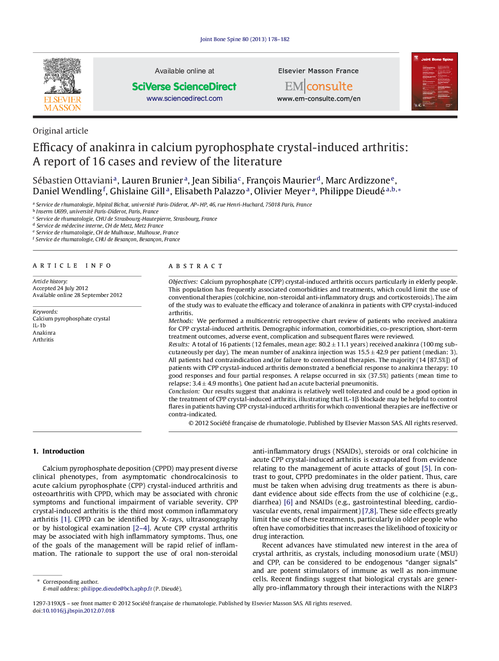 Efficacy of anakinra in calcium pyrophosphate crystal-induced arthritis: A report of 16 cases and review of the literature