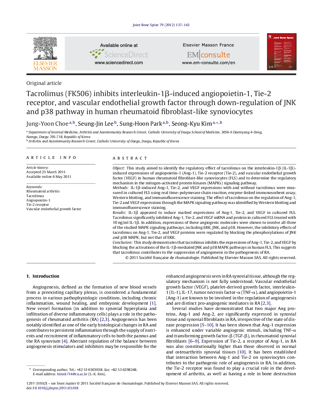 Tacrolimus (FK506) inhibits interleukin-1β-induced angiopoietin-1, Tie-2 receptor, and vascular endothelial growth factor through down-regulation of JNK and p38 pathway in human rheumatoid fibroblast-like synoviocytes