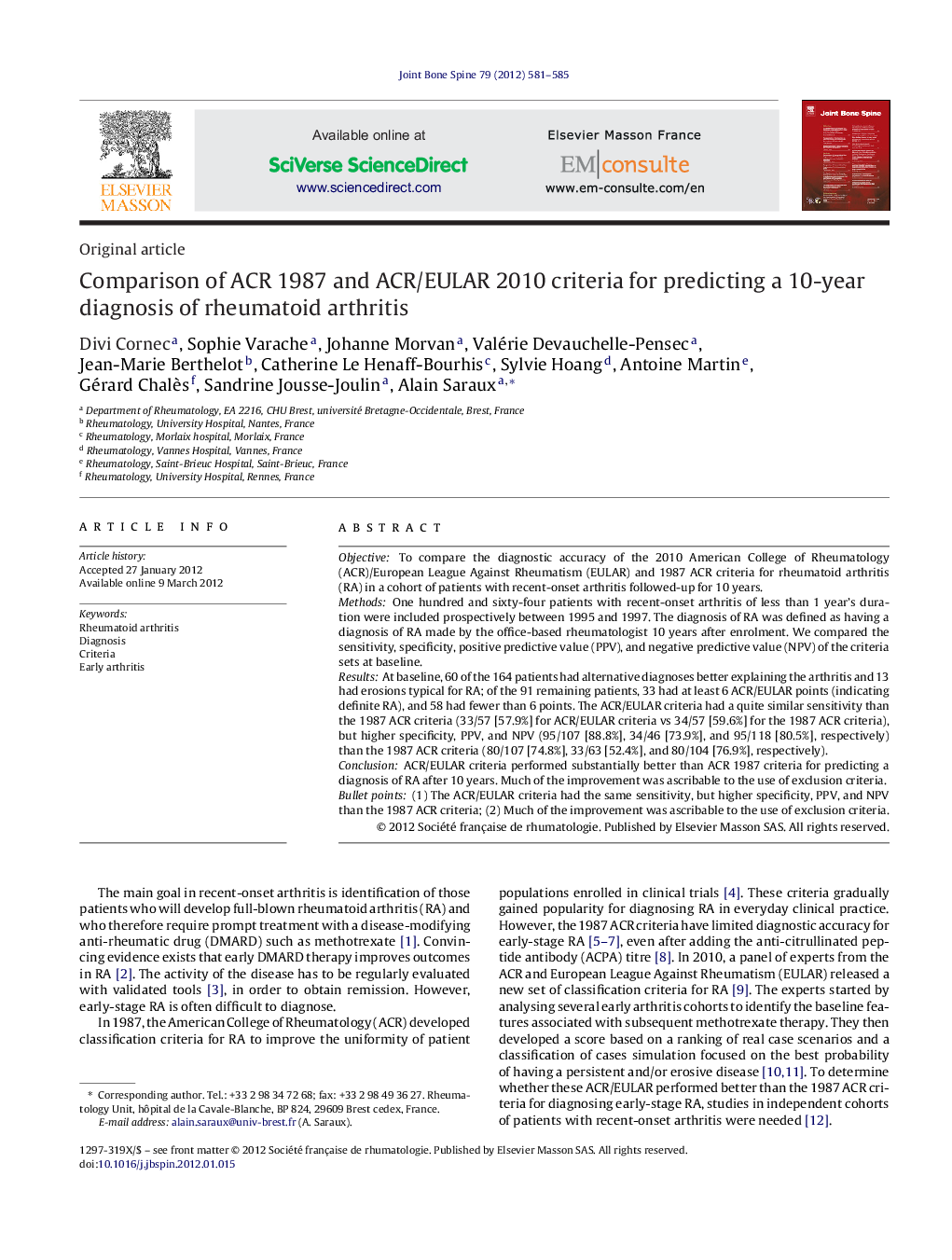 Comparison of ACR 1987 and ACR/EULAR 2010 criteria for predicting a 10-year diagnosis of rheumatoid arthritis