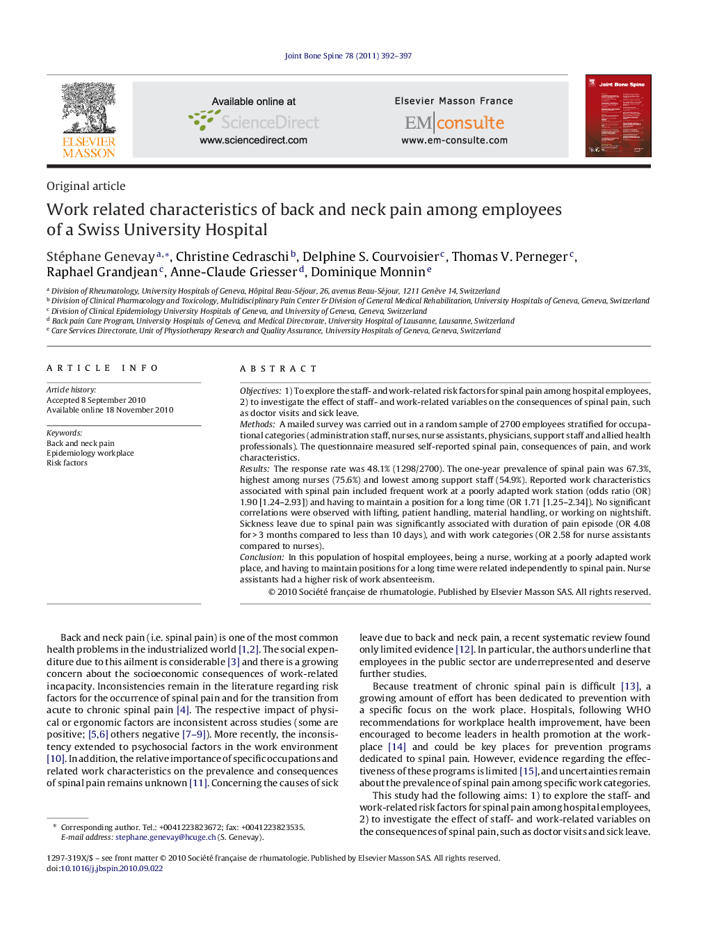 Work related characteristics of back and neck pain among employees of a Swiss University Hospital