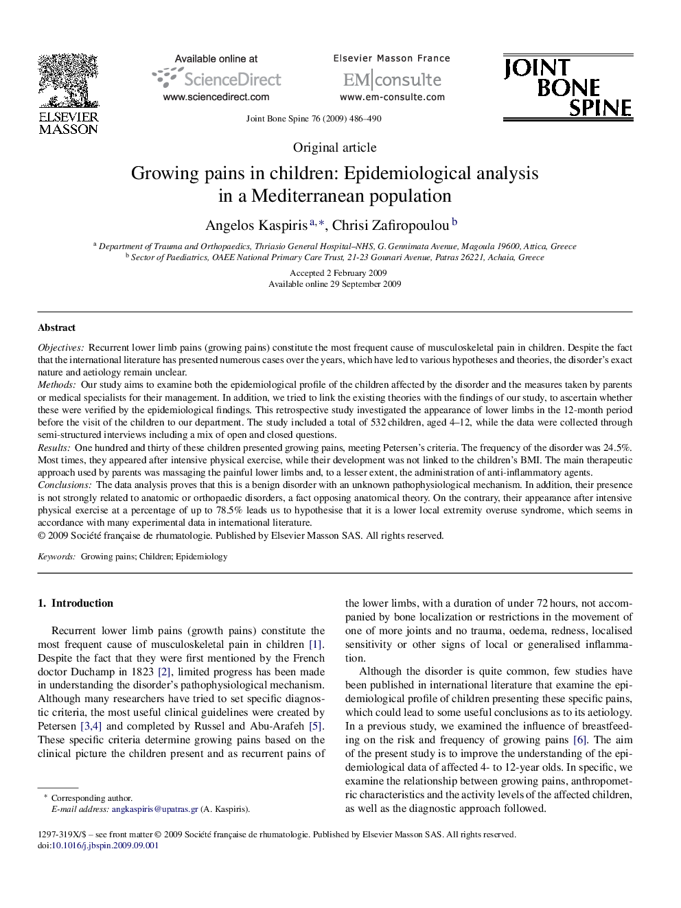 Growing pains in children: Epidemiological analysis in a Mediterranean population