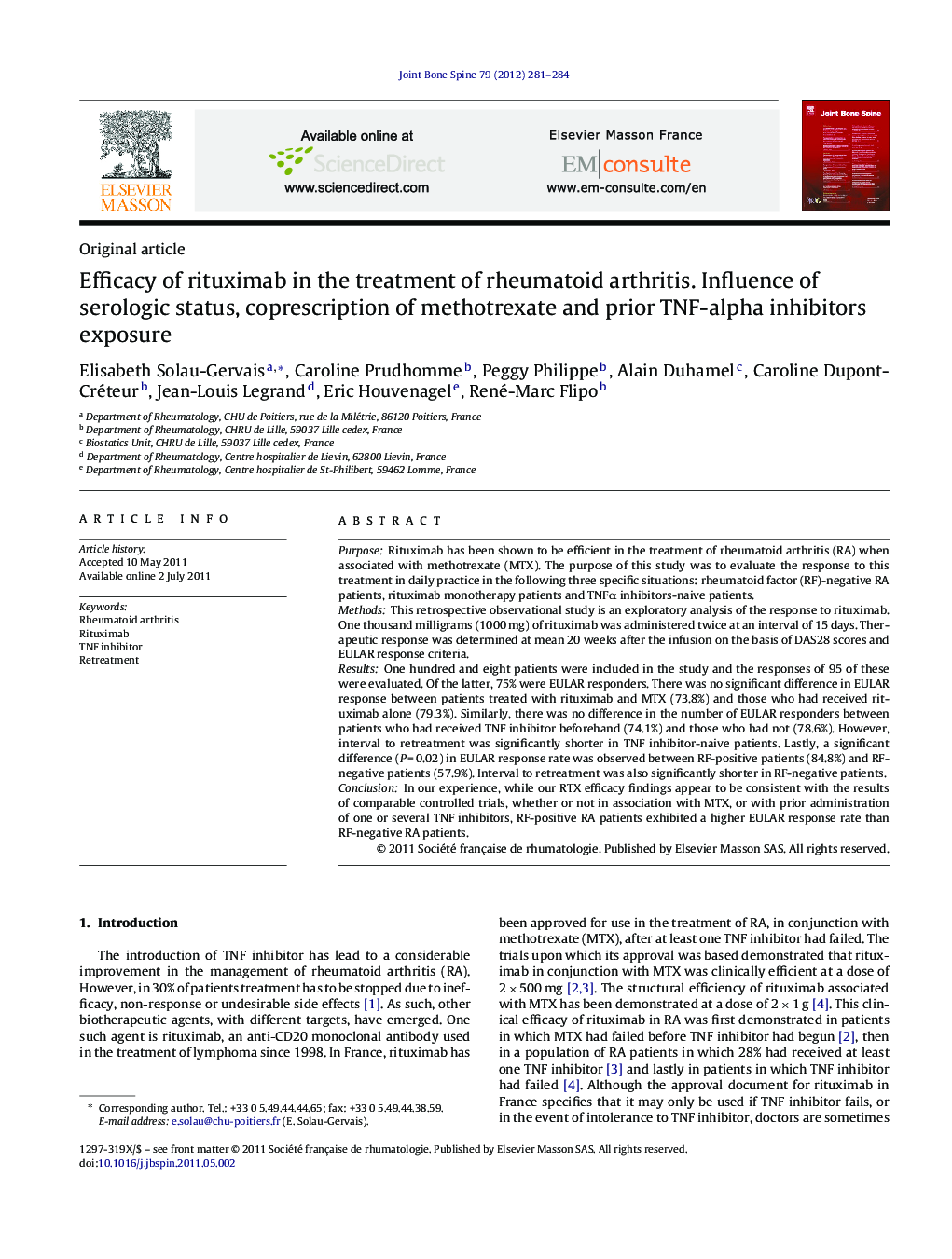 Efficacy of rituximab in the treatment of rheumatoid arthritis. Influence of serologic status, coprescription of methotrexate and prior TNF-alpha inhibitors exposure