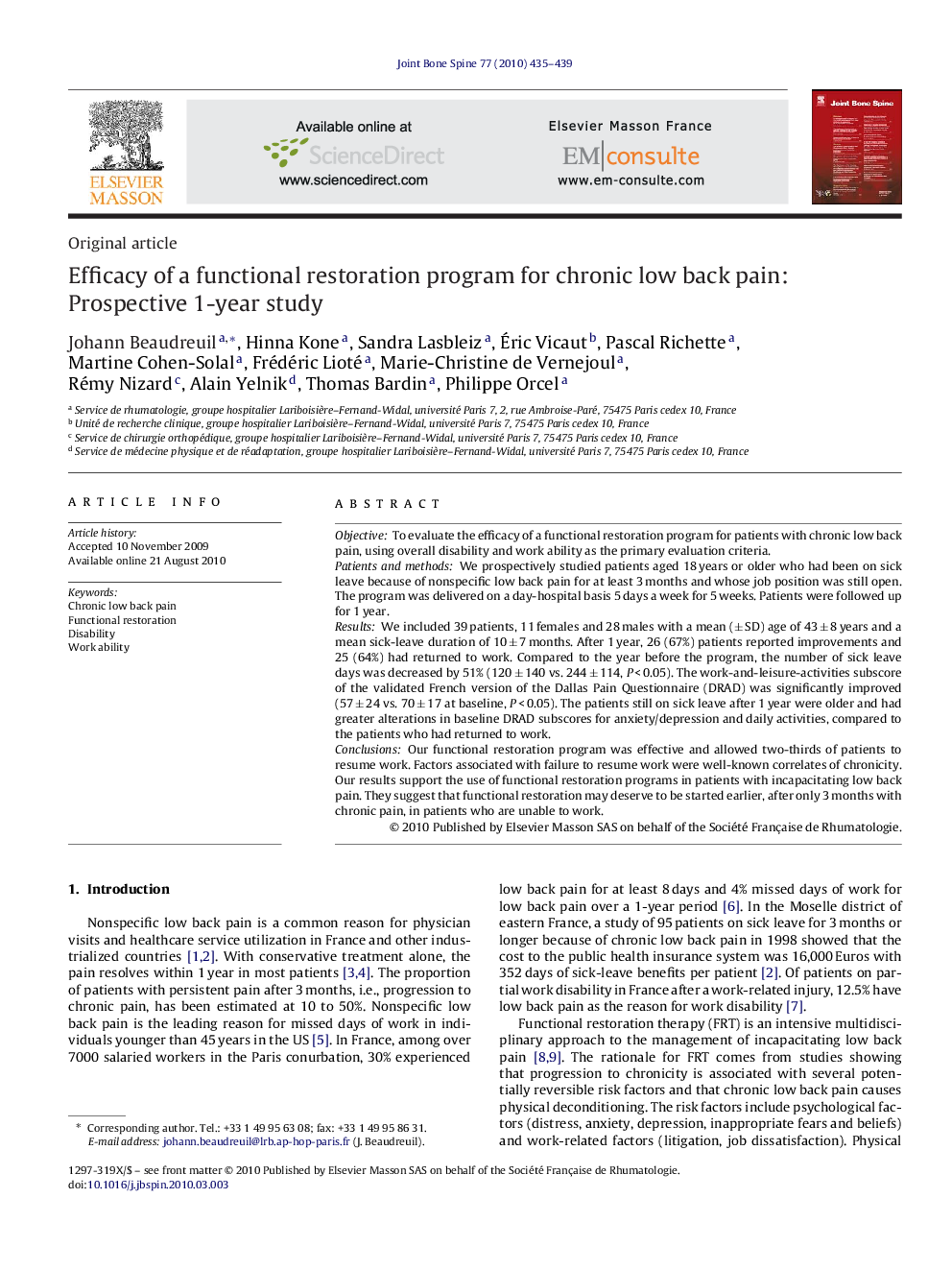 Efficacy of a functional restoration program for chronic low back pain: Prospective 1-year study