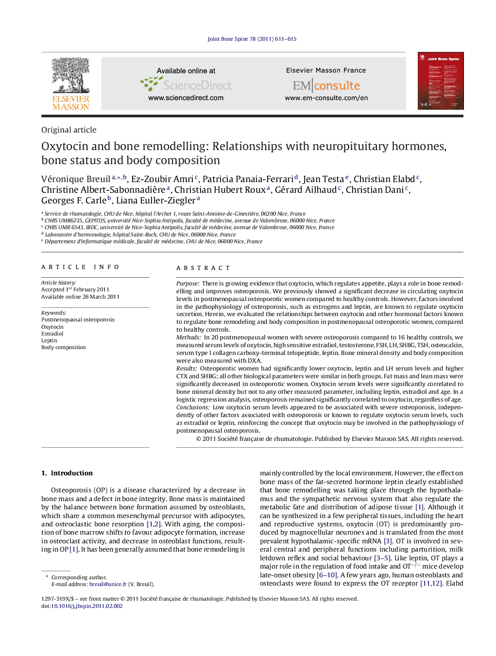 Oxytocin and bone remodelling: Relationships with neuropituitary hormones, bone status and body composition