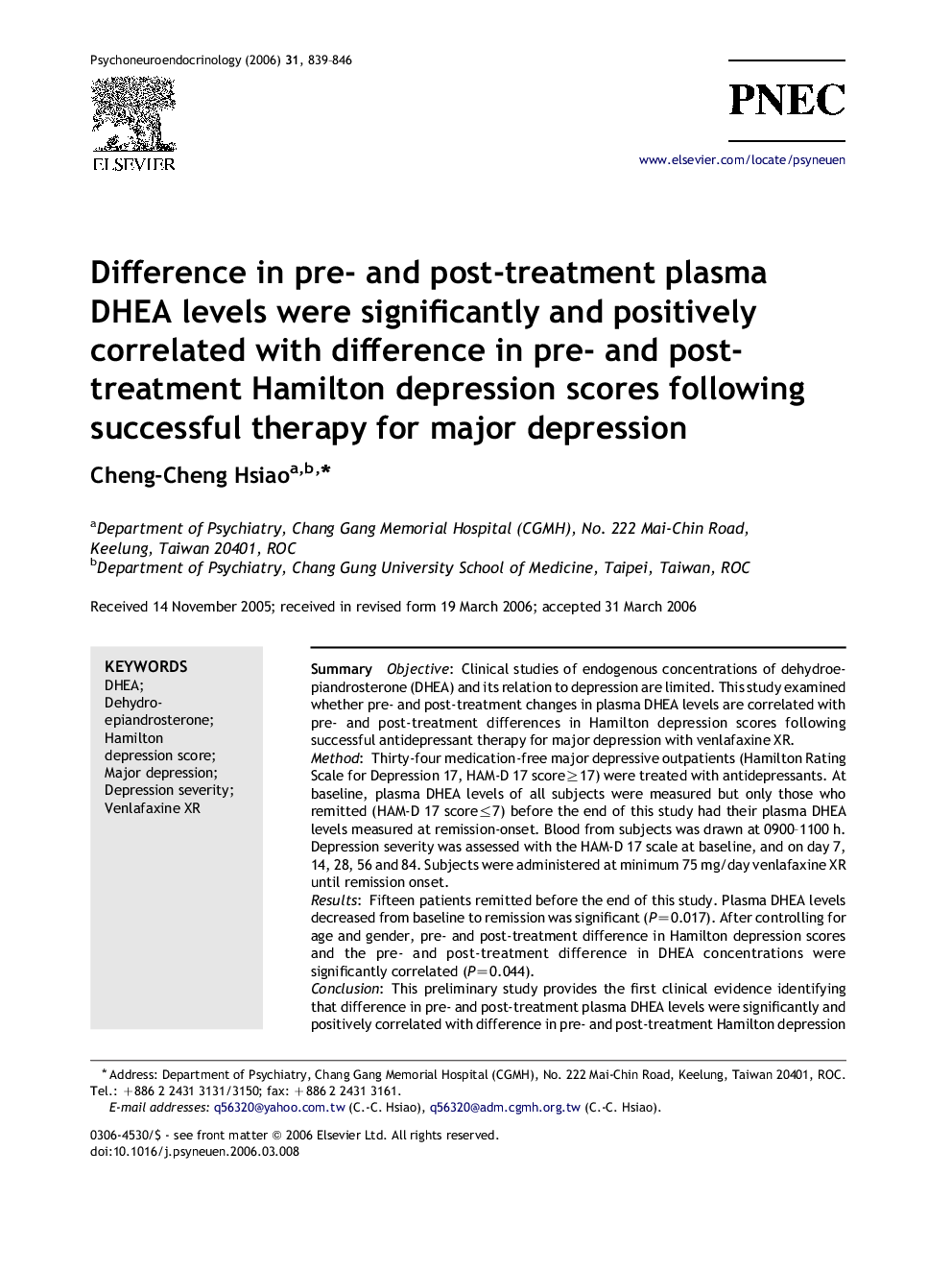 Difference in pre- and post-treatment plasma DHEA levels were significantly and positively correlated with difference in pre- and post-treatment Hamilton depression scores following successful therapy for major depression