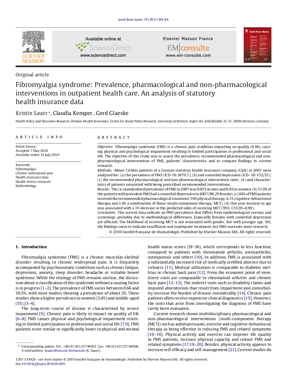 Fibromyalgia syndrome: Prevalence, pharmacological and non-pharmacological interventions in outpatient health care. An analysis of statutory health insurance data