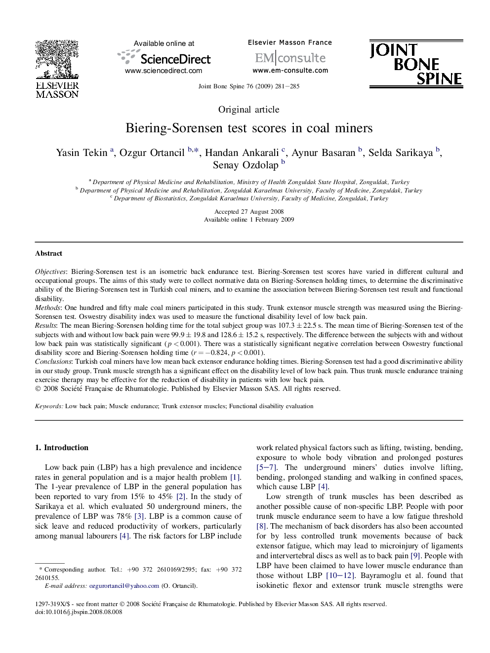 Biering-Sorensen test scores in coal miners