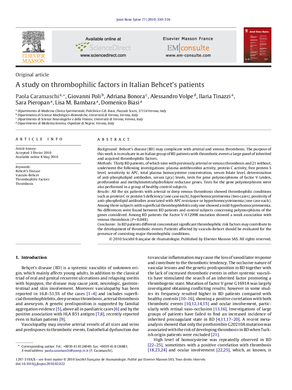 A study on thrombophilic factors in Italian Behcet's patients