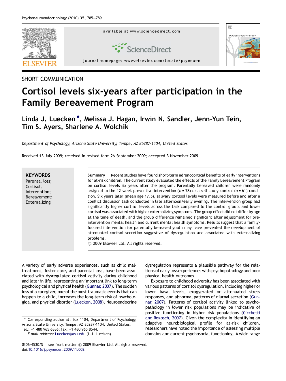 Cortisol levels six-years after participation in the Family Bereavement Program