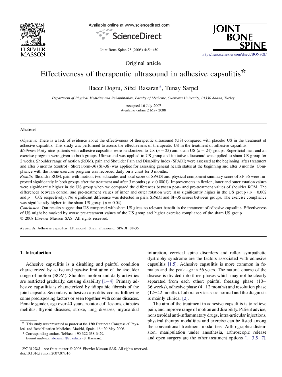 Effectiveness of therapeutic ultrasound in adhesive capsulitis 