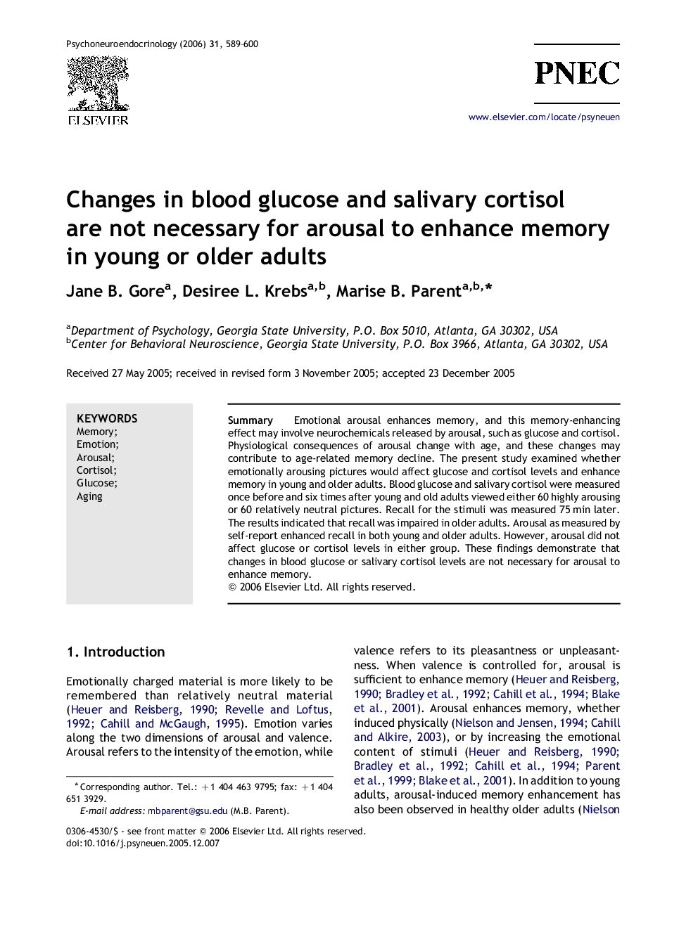 Changes in blood glucose and salivary cortisol are not necessary for arousal to enhance memory in young or older adults