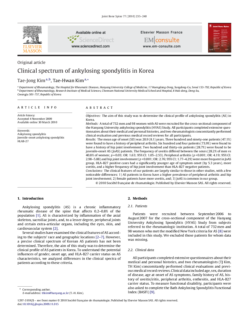 Clinical spectrum of ankylosing spondylitis in Korea