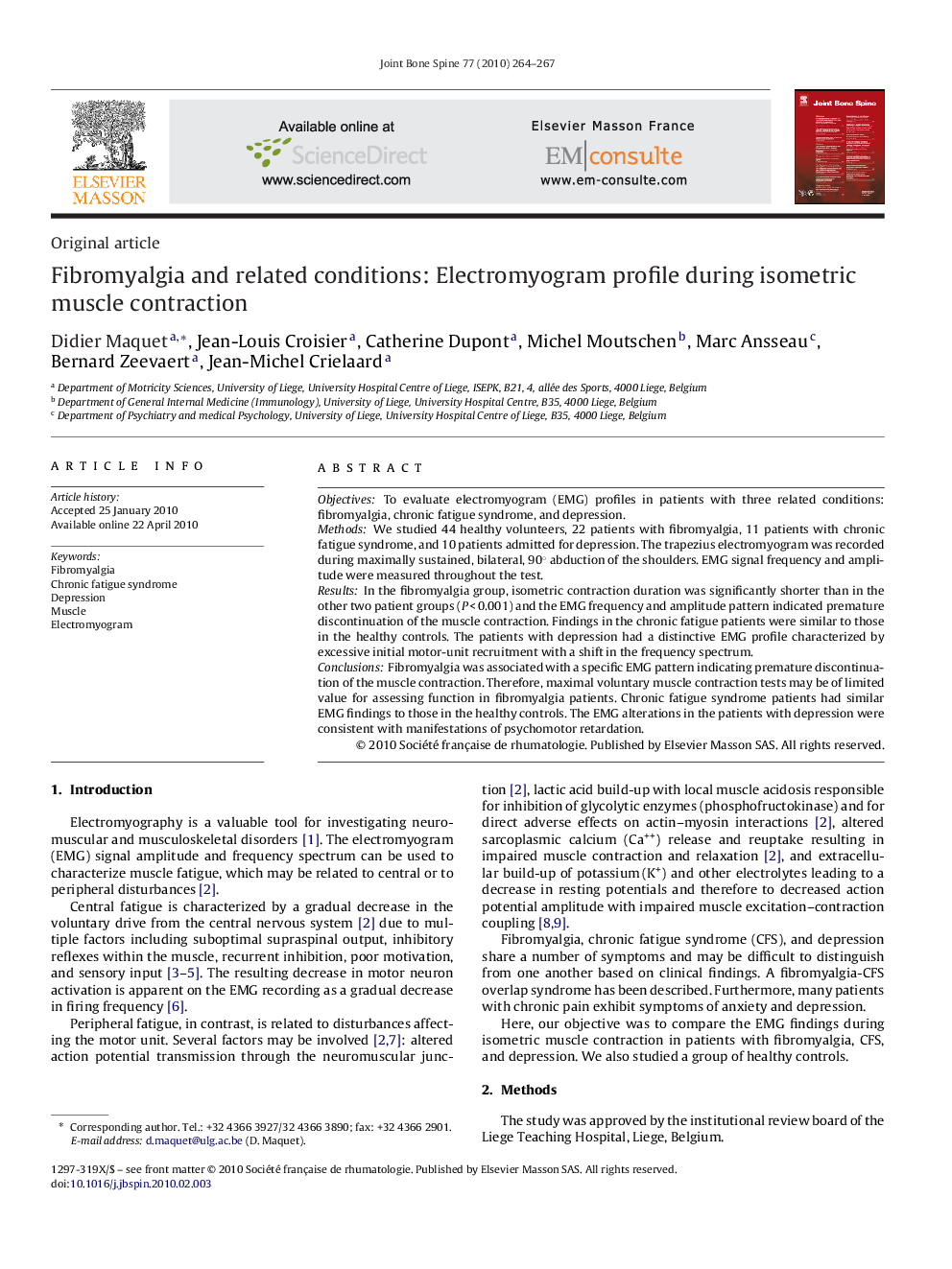 Fibromyalgia and related conditions: Electromyogram profile during isometric muscle contraction