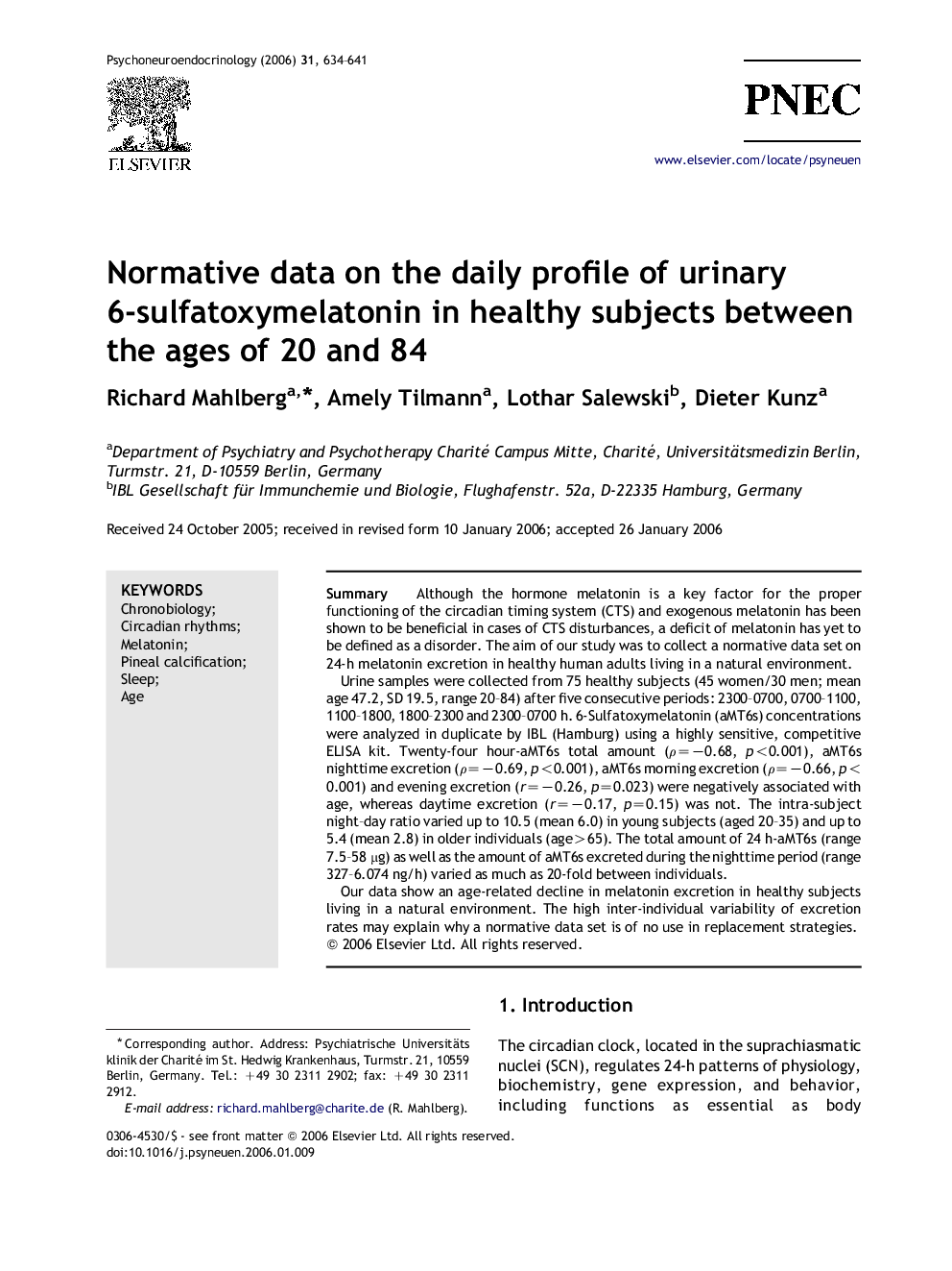 Normative data on the daily profile of urinary 6-sulfatoxymelatonin in healthy subjects between the ages of 20 and 84