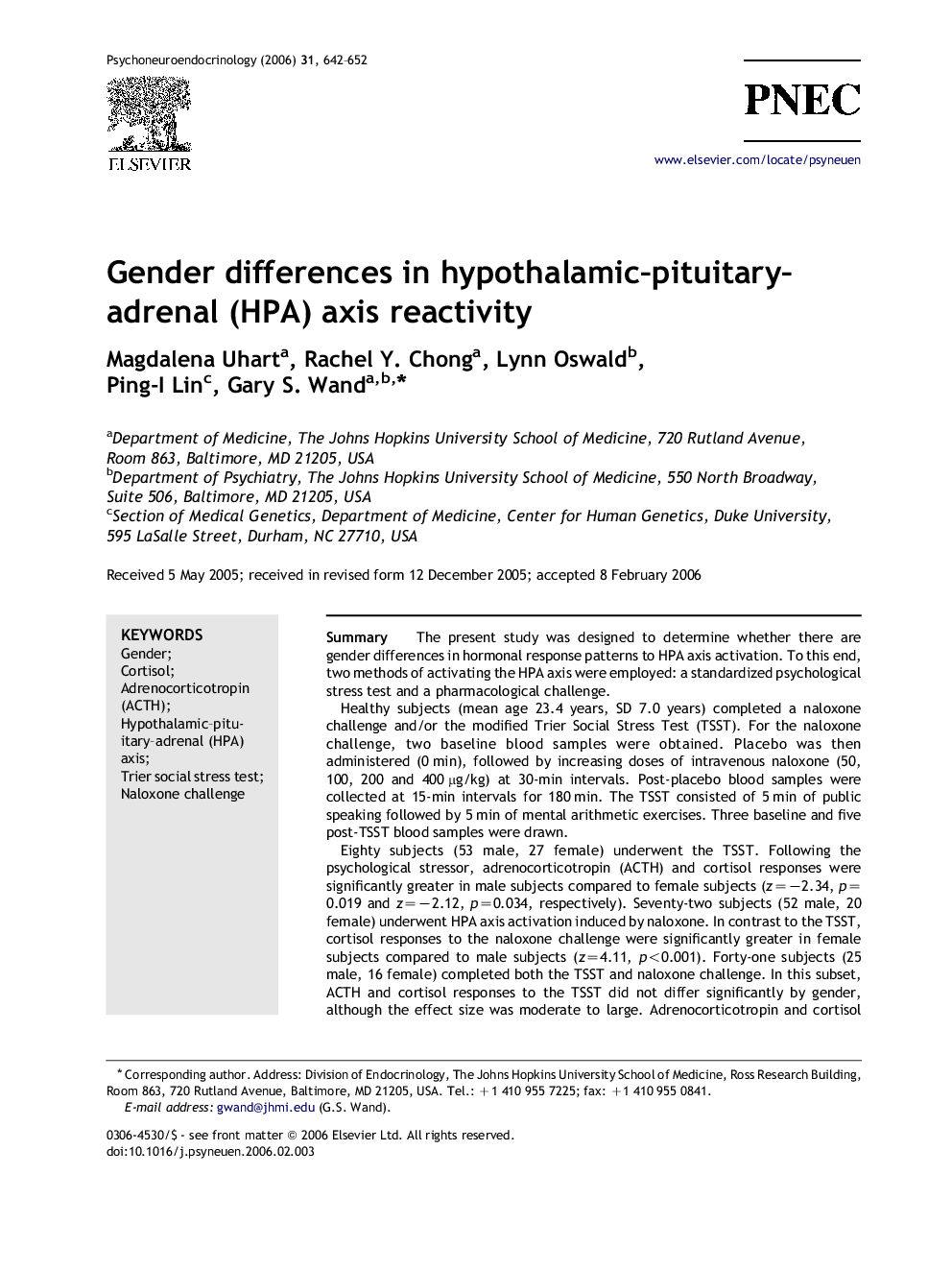 Gender differences in hypothalamic–pituitary–adrenal (HPA) axis reactivity