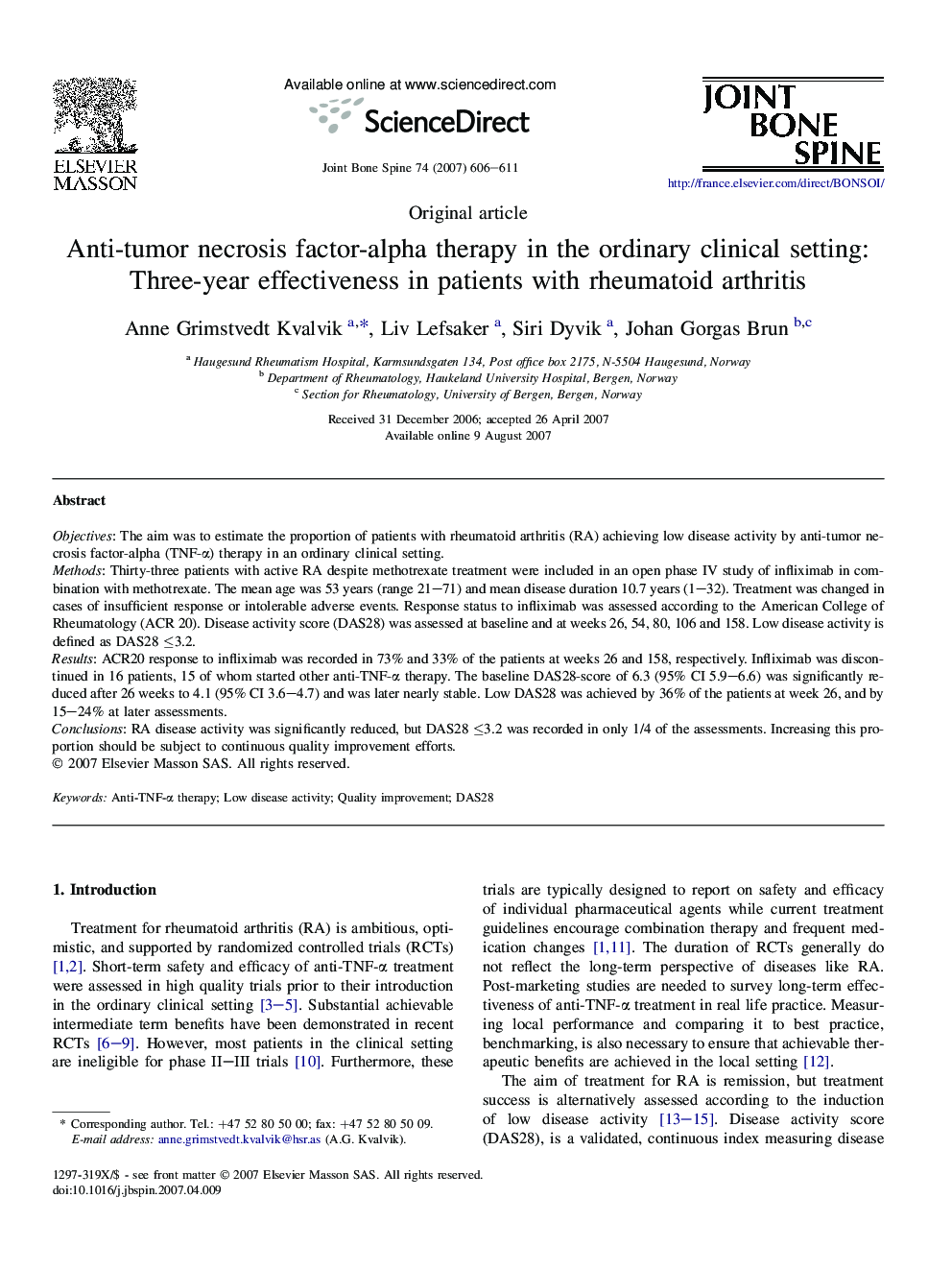 Anti-tumor necrosis factor-alpha therapy in the ordinary clinical setting: Three-year effectiveness in patients with rheumatoid arthritis