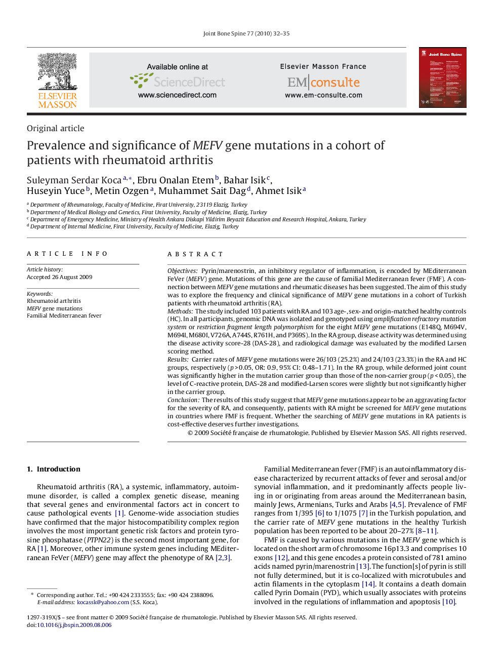 Prevalence and significance of MEFV gene mutations in a cohort of patients with rheumatoid arthritis