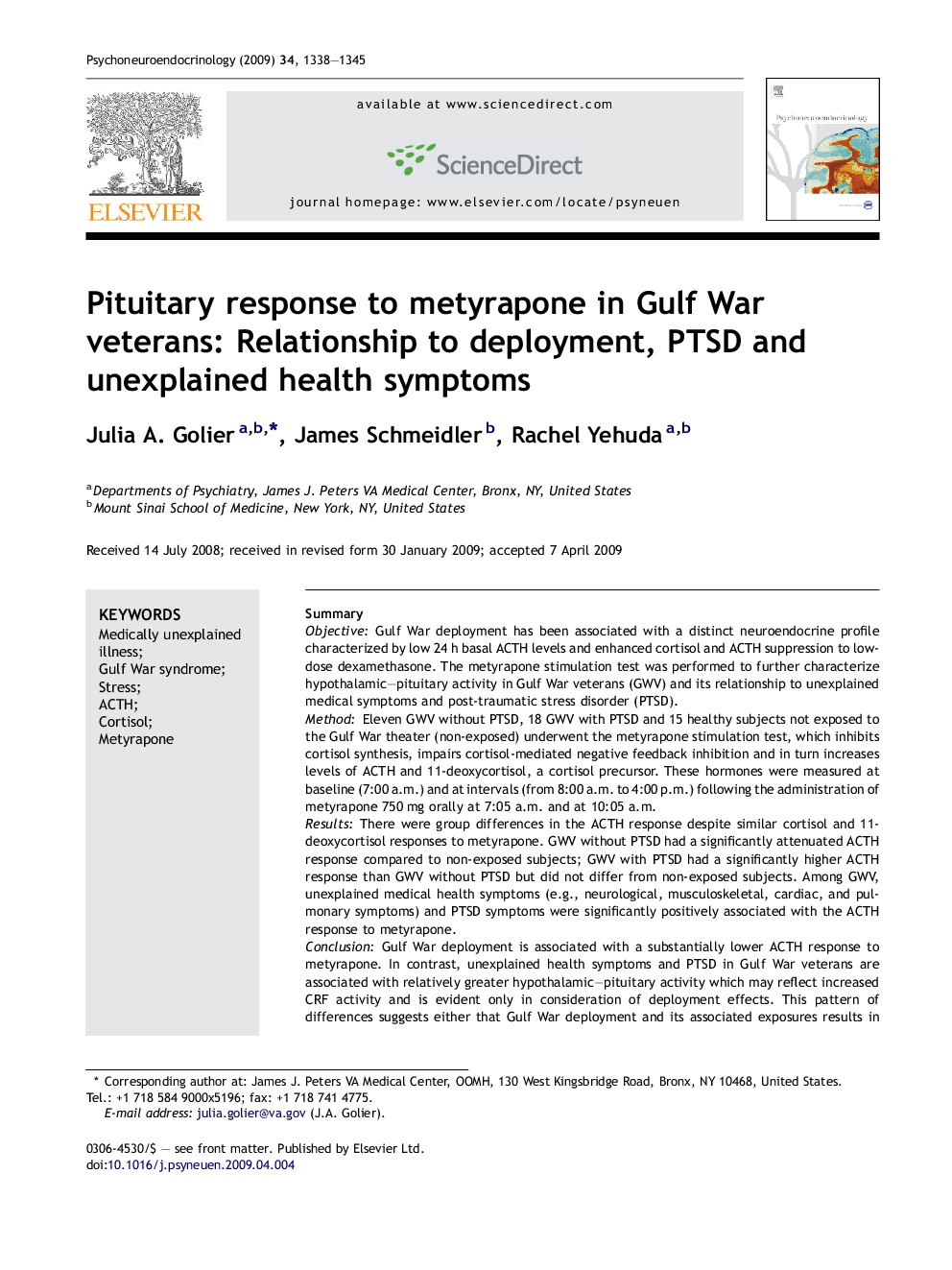 Pituitary response to metyrapone in Gulf War veterans: Relationship to deployment, PTSD and unexplained health symptoms