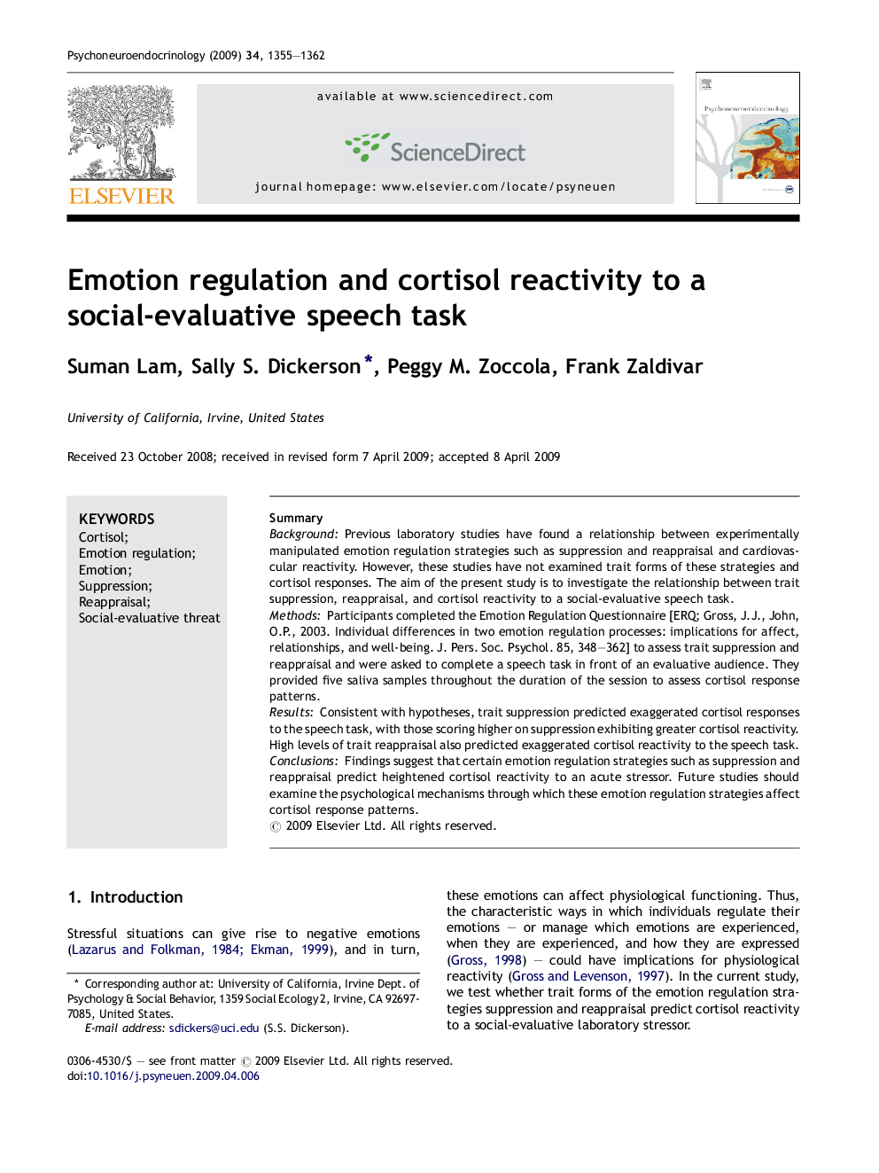 Emotion regulation and cortisol reactivity to a social-evaluative speech task