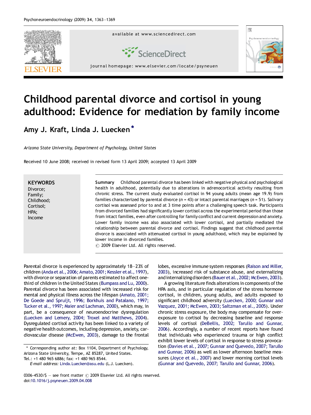 Childhood parental divorce and cortisol in young adulthood: Evidence for mediation by family income