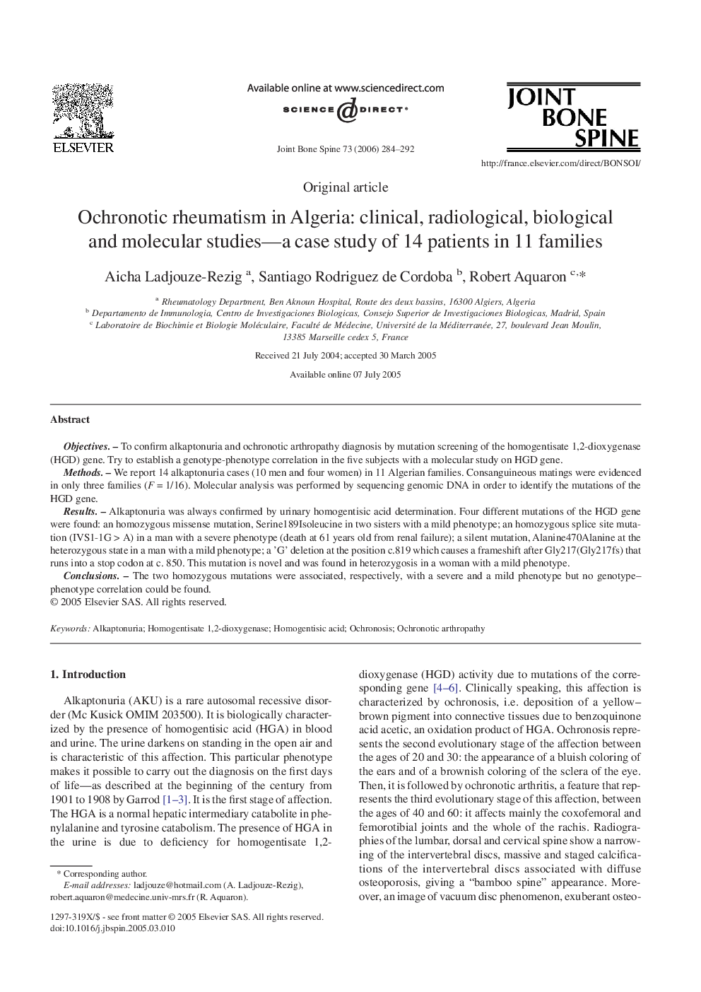 Ochronotic rheumatism in Algeria: clinical, radiological, biological and molecular studies—a case study of 14 patients in 11 families