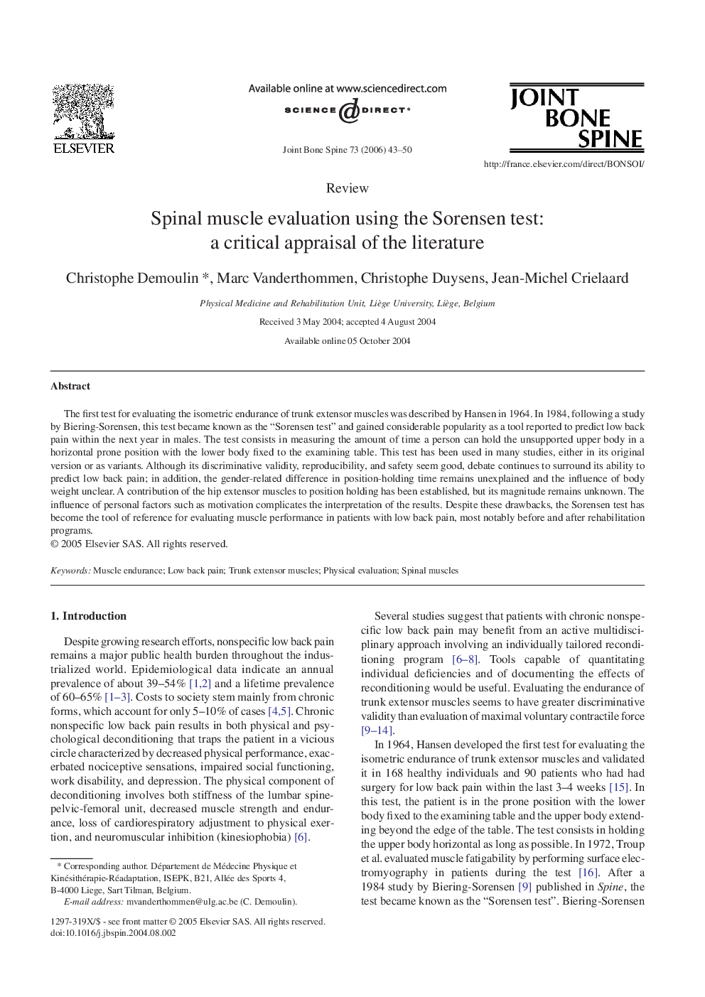 Spinal muscle evaluation using the Sorensen test: a critical appraisal of the literature