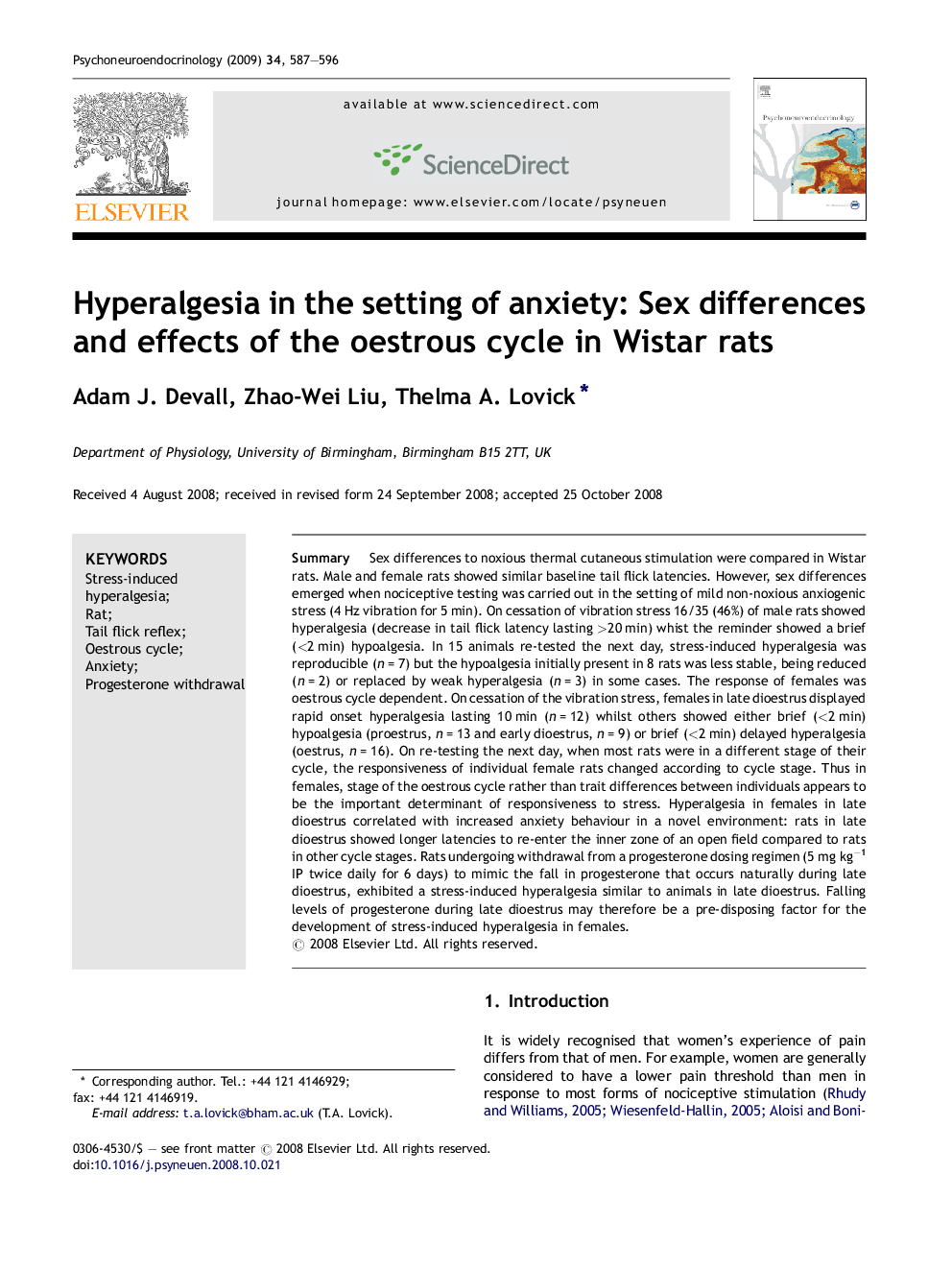 Hyperalgesia in the setting of anxiety: Sex differences and effects of the oestrous cycle in Wistar rats