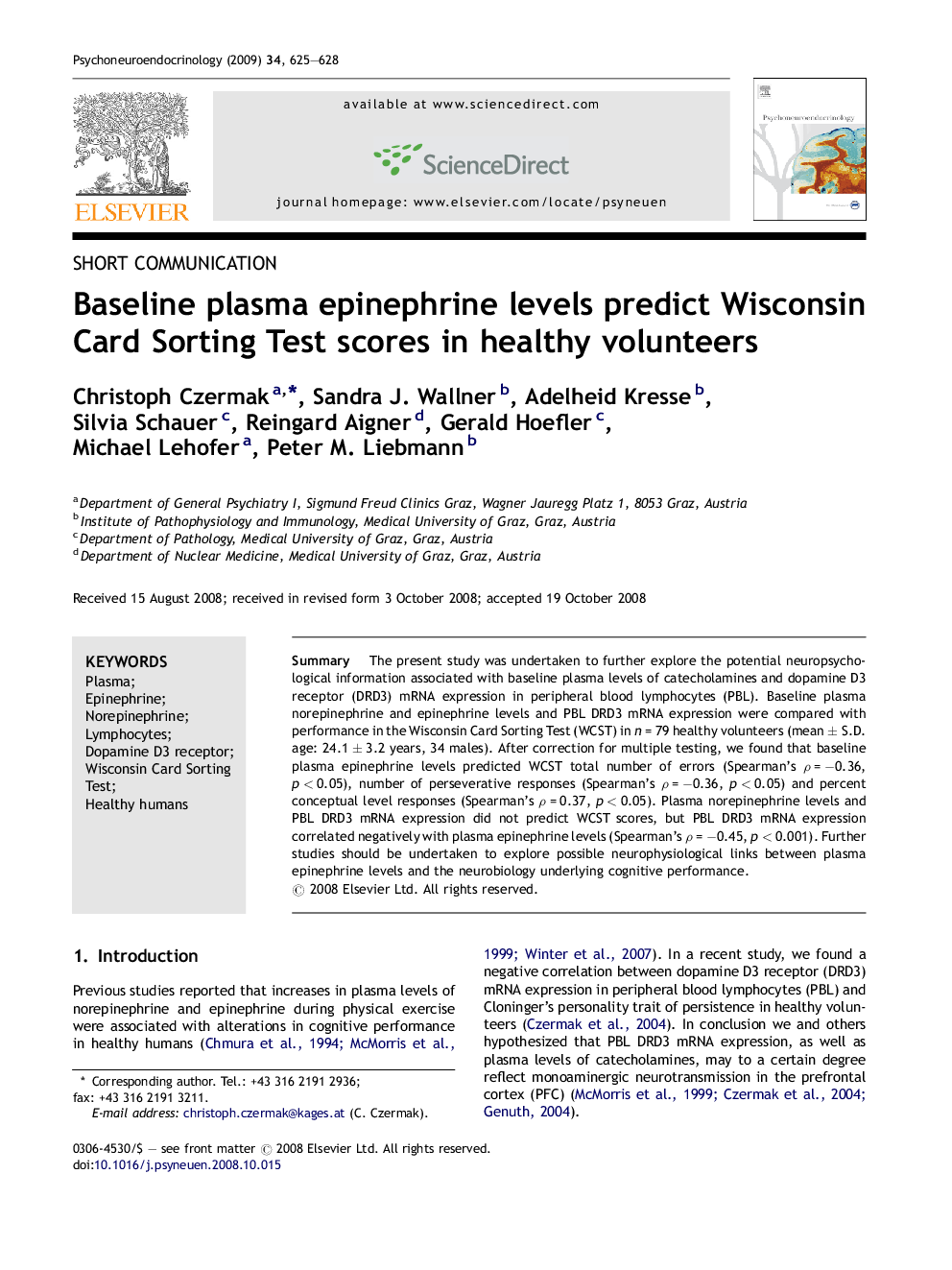 Baseline plasma epinephrine levels predict Wisconsin Card Sorting Test scores in healthy volunteers